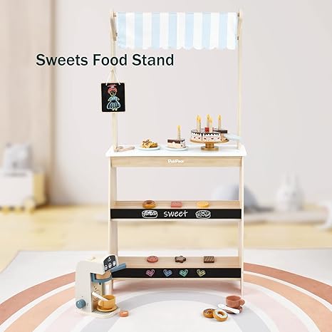 PairPear Grocery Store Pretend Play, Wooden Toys Lemonade Stand for Kids, Natural Style Market Stand Play Food Sets.