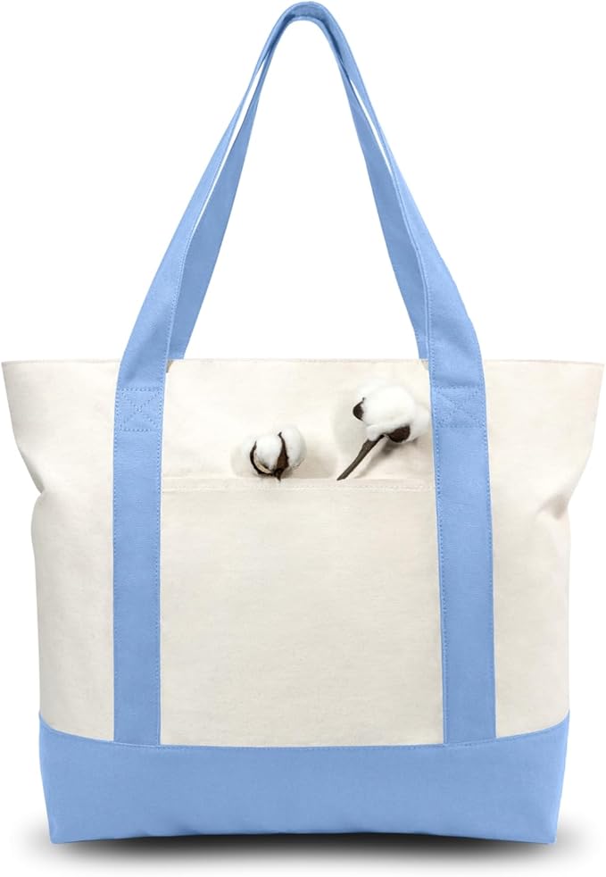 TOPDesign 6-Pack Canvas Tote Bags with an External Pocket, Reusable Grocery Shopping Bags, Top Zipper Closure, Daily Essentials (Light Blue/Natural)