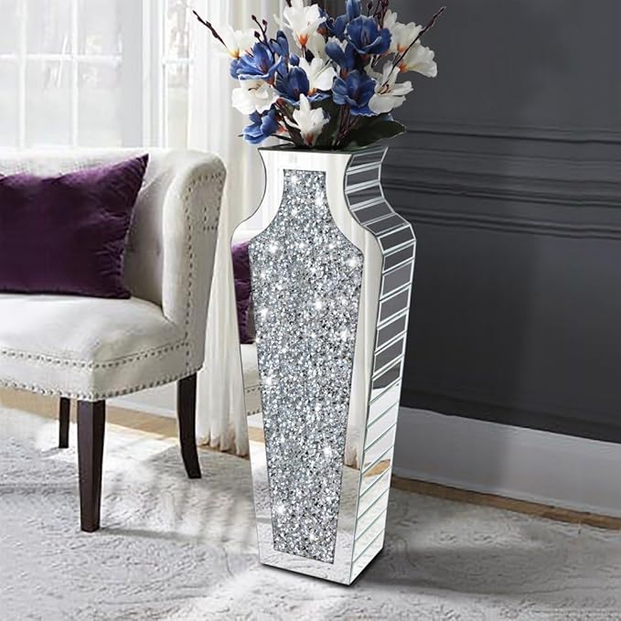 Floor Crushed Diamond Mirrored Vase 27" Tall, Crystal Silver Glass Decorative Mirror Large Size Luxury for Home Decor. Can't Hold Water.