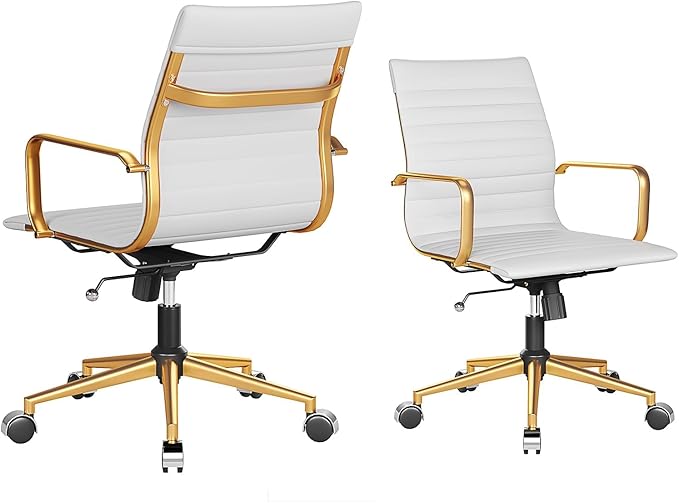 Ergonomic Office Chair with Adjustable Swivel and Lumbar Support, White and Gold Leather Desk Chair for Home Office