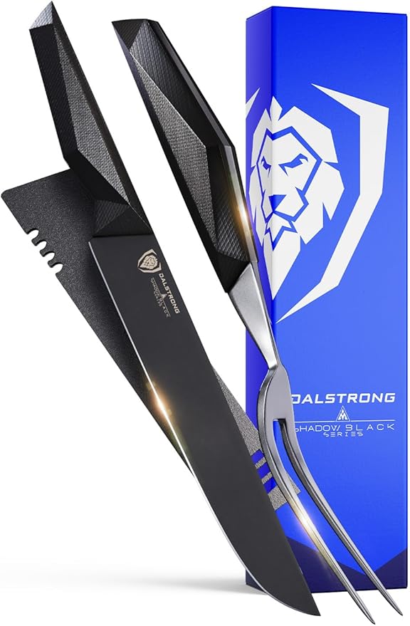 Dalstrong Carving Knife & Fork Set - 9" Blade - Shadow Black Series - Black Titanium Nitride Coated - High Carbon - 7CR17MOV-X Vacuum Treated Steel - Carving Set - BBQ Knife - Sheath - NSF Certified