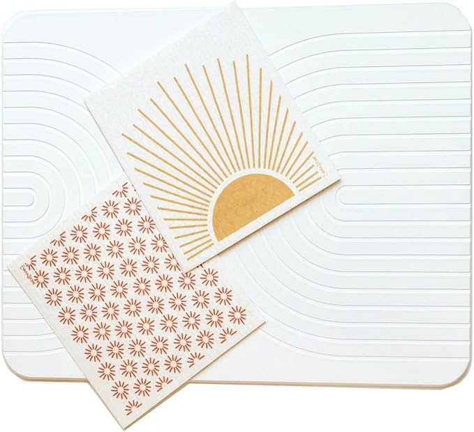 Large 13.5" x 17.5" Stone Dish Drying Mat with 2 Reusable Paper Towels, Diatomaceous Earth, Modern Arch Designs, 2 Compostable Swedish Dishcloths with Original Designs