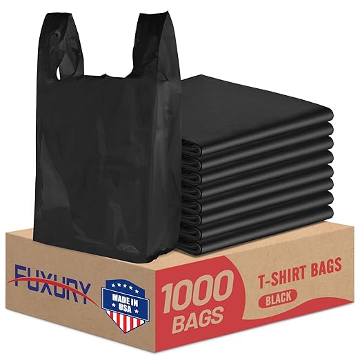 Fuxury 1000 Count Black Plastic Grocery Bags 12" x 6.5" x 21", T-shirt, Trash, Take Out, Restaurants,To Go, Retail Shopping Bags in Bulk for Small Business (Made in USA)