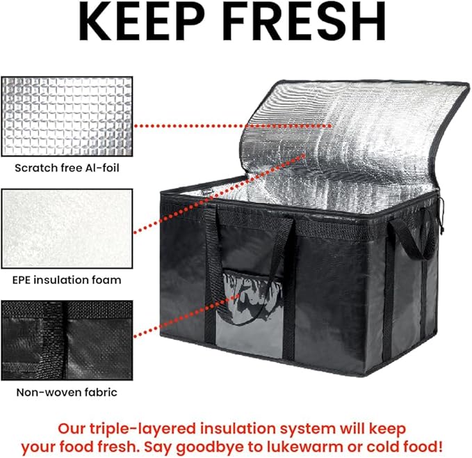 Durable PRO Insulated Cooler Bag and Food Warmer (3XL, 4 pack) for Delivery & Grocery Shopping with Zippered Top, Black Commercial Grade