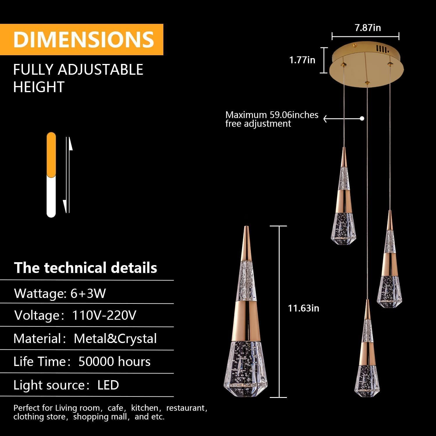 3-Light Pendant Light Kitchen Island, Dimmable Modern Pendant Light Kitchen Island Light Fixture Luxury Meteor Shower-Style Gold Led Chandelier for Dinning Room, Kitchen Lighting Fixture