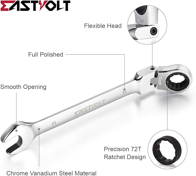 Eastvolt 12-Piece Flex-Head Ratcheting Wrench Set, Metric 8mm-19mm, Combination Ended Spanner kits, Chrome Vanadium Steel with Toolbox, EVHT1201