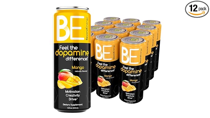 Beyond Energy - 12 Pack - Mango Herbal Energy Drink, Naturally Sourced L-Dopa with Mucuna Pruriens, Aminos, Antioxidants, 200mg Caffeine - (Mango)