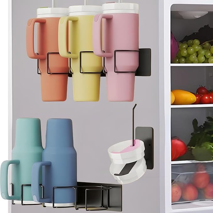 Magnetic Cup Holder for Tumblers - Heavy Duty Fridge Organizer with Non-Slip Base, Fits 30oz/40oz Cups, Space Saving Kitchen Accessory (Black)