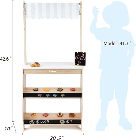 PairPear Grocery Store Pretend Play, Wooden Toys Lemonade Stand for Kids, Natural Style Market Stand Play Food Sets.