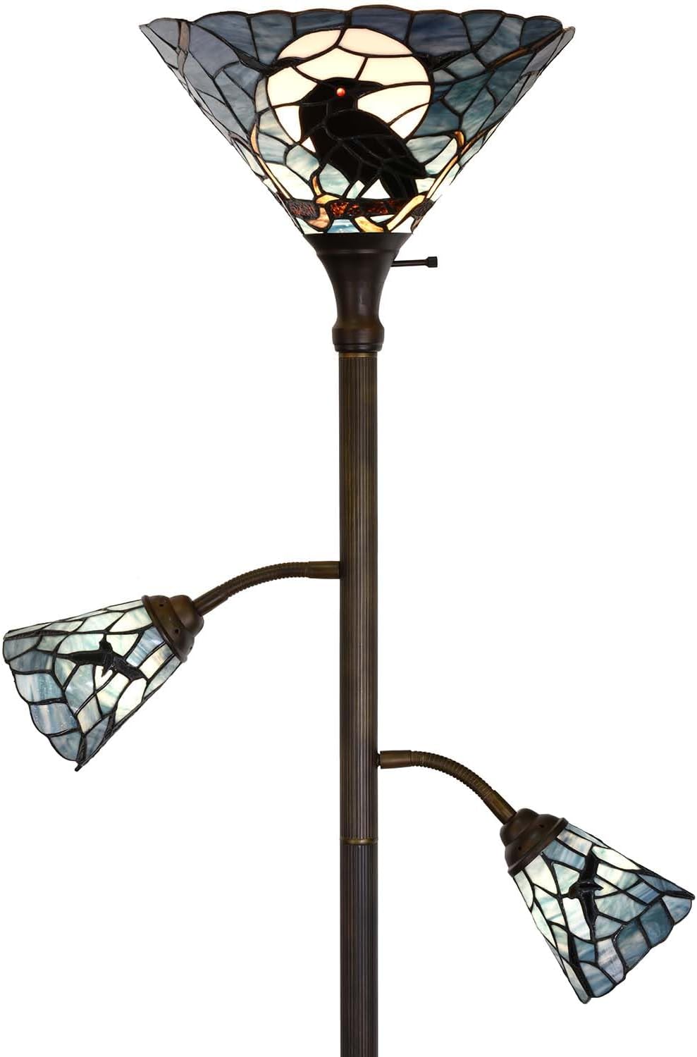 Bieye L10957 Raven Sitting on Bare Tree Branch in Full Moon Night Tiffany Style Stained Glass Torchiere Floor Lamp with Sidelights for Reading Home Decor, 70-inches Tall (Dark Blue)