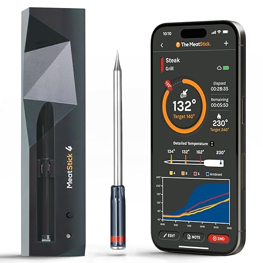 MeatStick 4 - Wireless Meat Thermometer for Grilling and Smoking, Smart Meat Thermometer with 4 Sensors & Limited Range (165ft Outdoors), Wireless Grill Thermometer, Wireless Meat Probe for Smoker