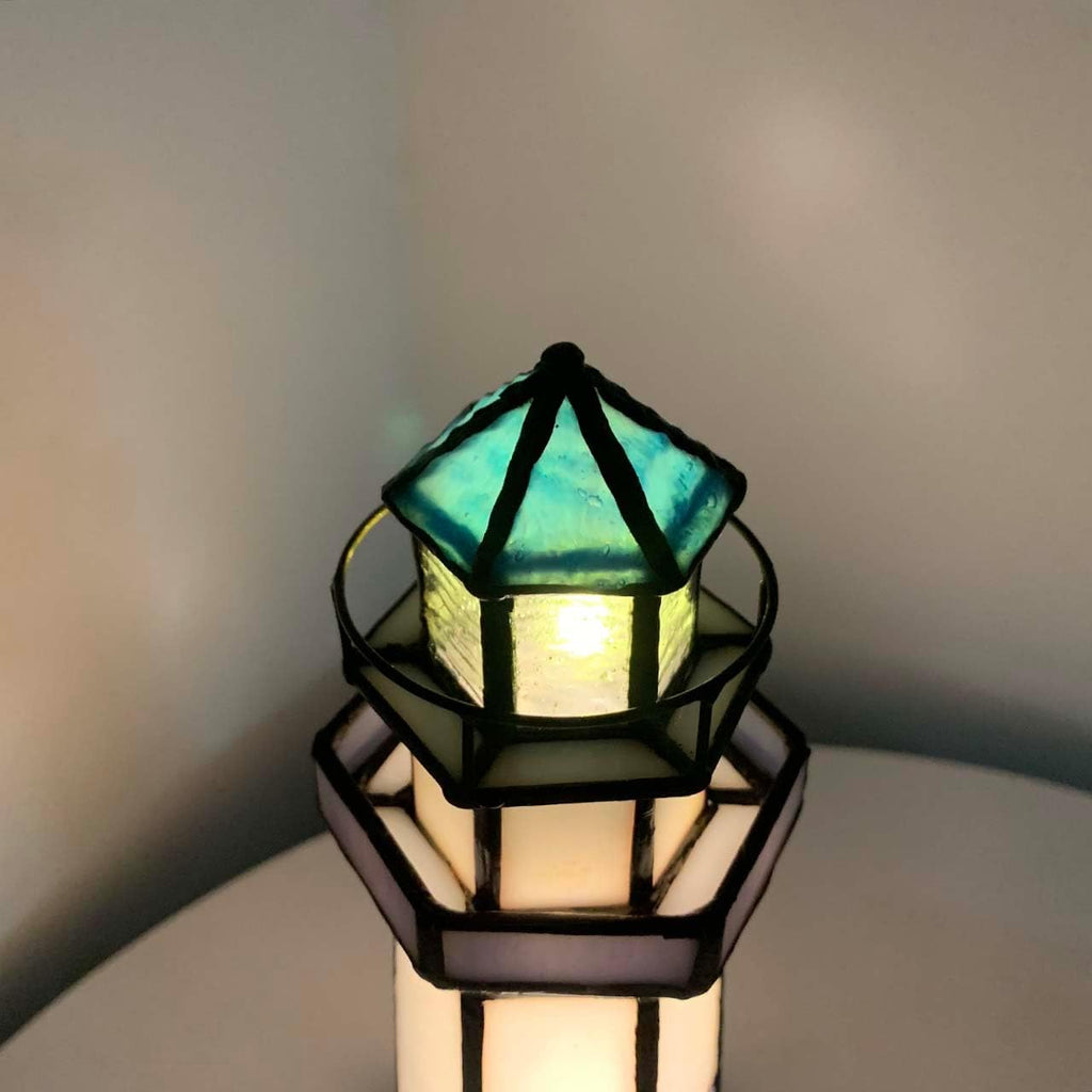 Bieye L10776 Lighthouse Tiffany Style Stained Glass Accent Table Lamp Night Light for Home Decoration (5x5x11, Blue)