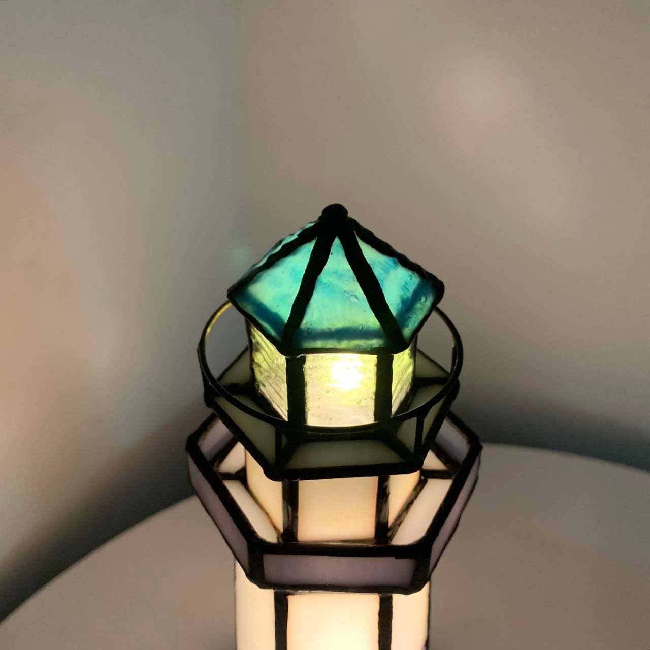 Bieye L10776 Lighthouse Tiffany Style Stained Glass Accent Table Lamp Night Light for Home Decoration (5x5x11, Blue)