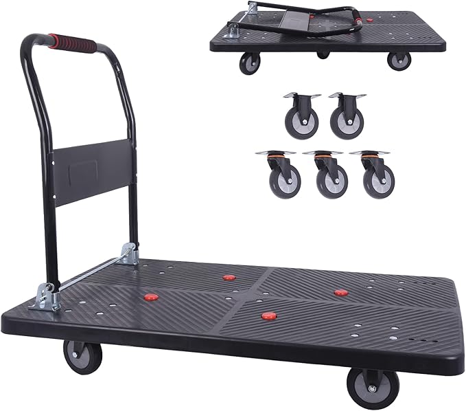 1320lbs Foldable Platform Truck Dolly with Swivel Wheels, Heavy Duty Moving Platform Hand Truck, Moving Flatbed Cart Push Cart Platform Dolly Cart for Groceries, Warehouse(43.31" x 25.51" Black)