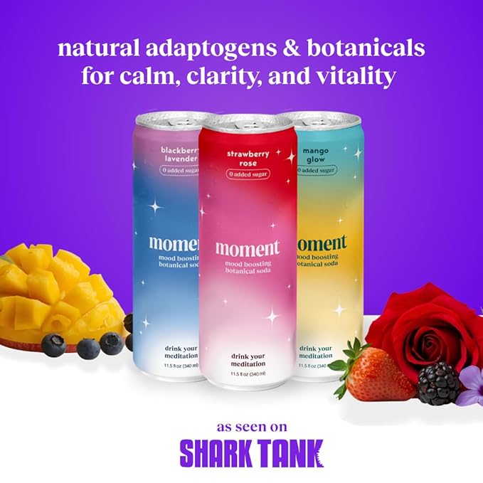 Moment Botanical Soda Soft Drink (Shark Tank) - SPARKLING Drinks | Fruity Fun | L-Theanine & Ashwagandha for Calm & Clarity | 0 Added Sugar 0 Caffeine | 12-pack