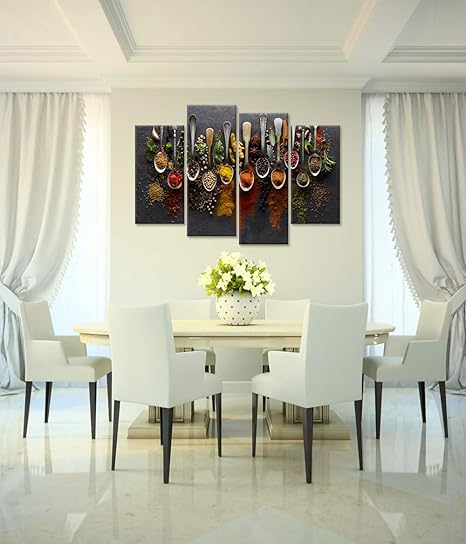 iHAPPYWALL Kitchen Pictures Wall Decor 4 Pieces Couful Spice in Spoon Vintage Canvas Wall Art Food Photos Painting On Canvas Stretched Framed Home Decoration Gift Ready to Hang