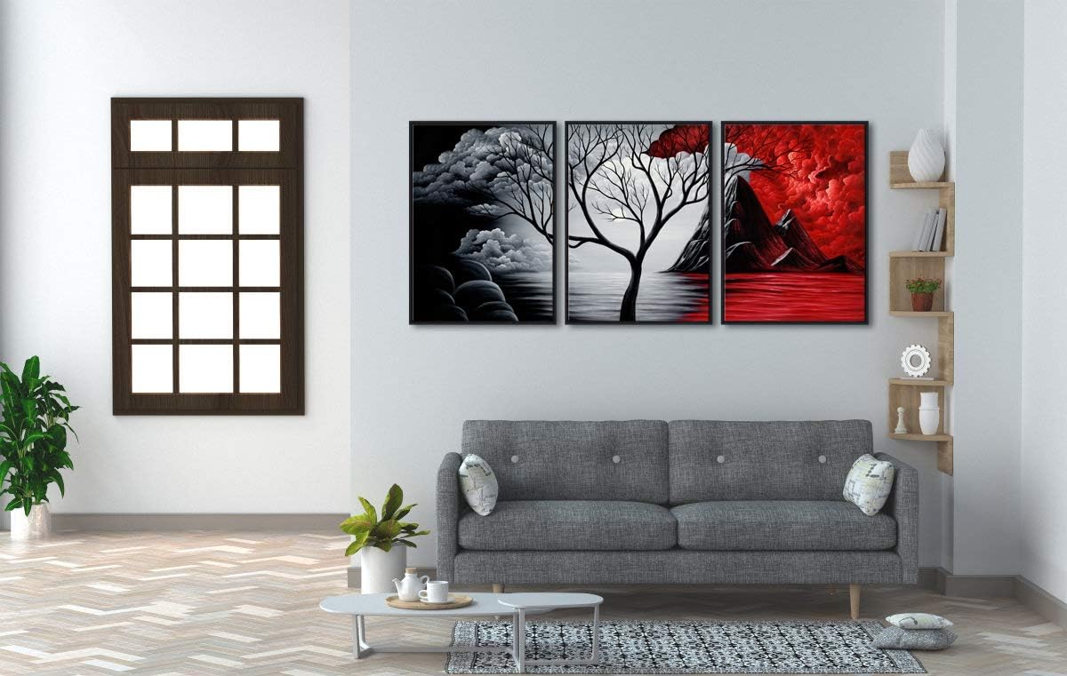 Wieco Art Extra Large Size Framed Canvas Art Prints Wall Art the Cloud Tree Abstract Pictures Paintings for Living Room Home Office Decorations Contemporary Artwork 3 Panels Black Frame