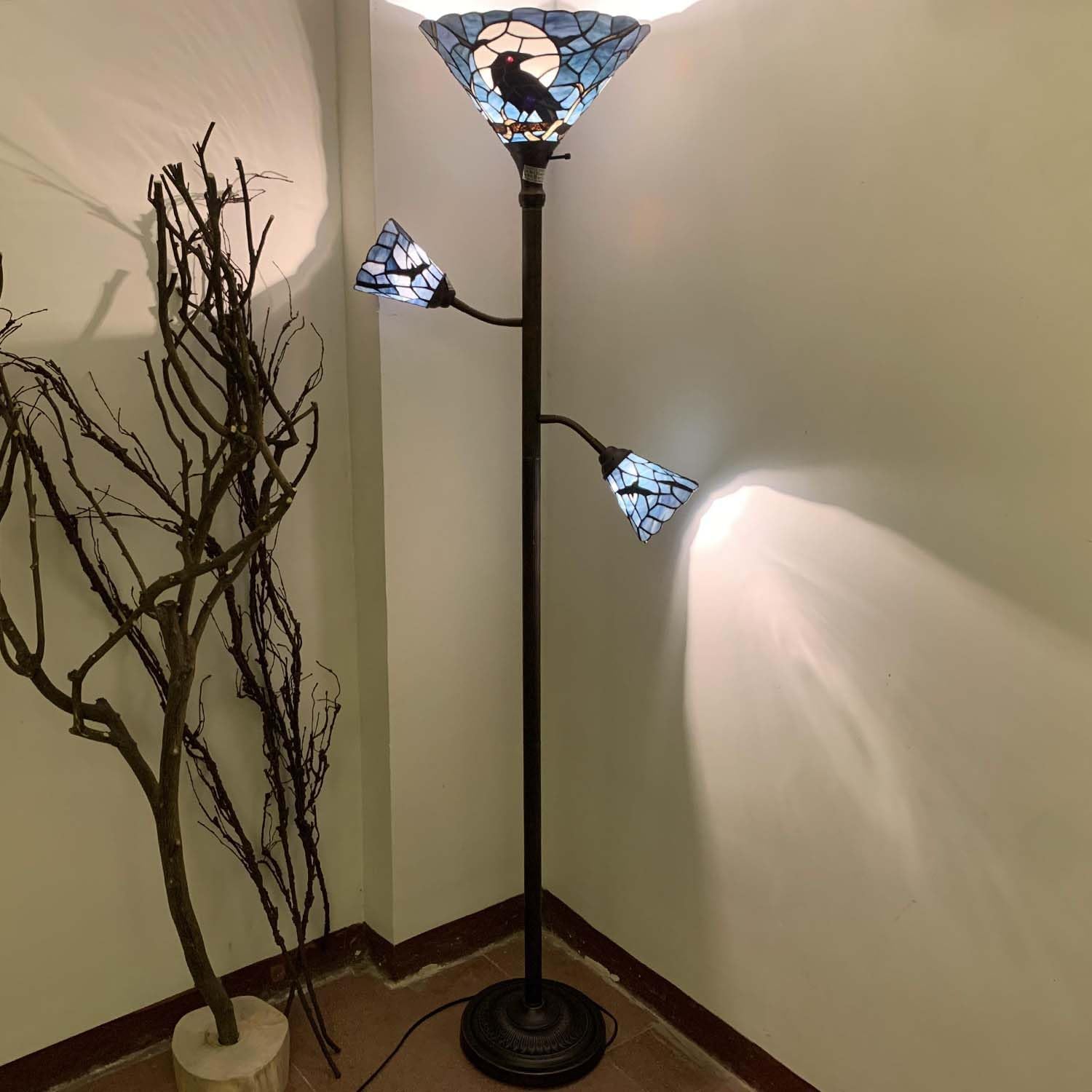 Bieye L10957 Raven Sitting on Bare Tree Branch in Full Moon Night Tiffany Style Stained Glass Torchiere Floor Lamp with Sidelights for Reading Home Decor, 70-inches Tall (Dark Blue)