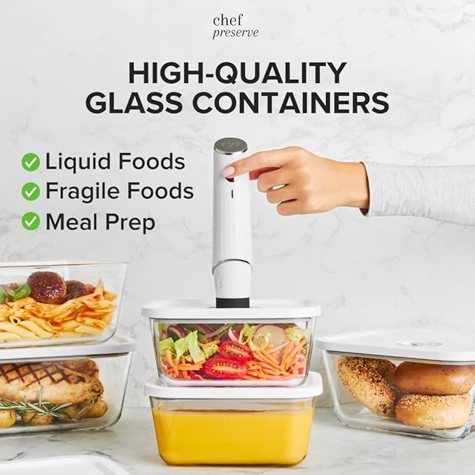 Chef Preserve Vacuum Sealer Machine with 3 Glass Containers & 30 Reusable Bags – Compact Handheld Food Saver, Portable Kitchen Vacuum Sealing System for Meal Prep, Food Storage & Freshness