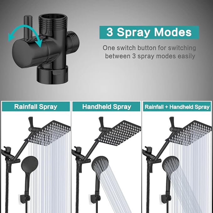 Shower Head, 8‘’ High Pressure Rainfall/Handheld Shower Combo with 11'' Extension Arm, 9 Settings, Anti-leak Shower Head with Holder, Height/Angle Adjustable, Chrome, Matte Black