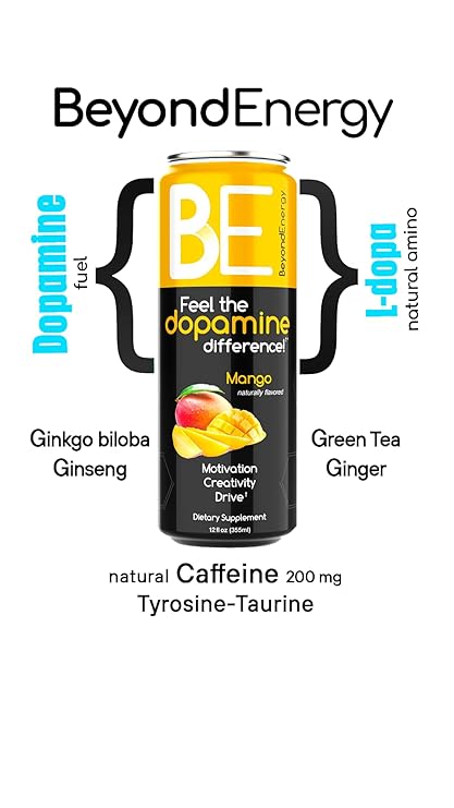 Beyond Energy - 12 Pack - Mango Herbal Energy Drink, Naturally Sourced L-Dopa with Mucuna Pruriens, Aminos, Antioxidants, 200mg Caffeine - (Mango)