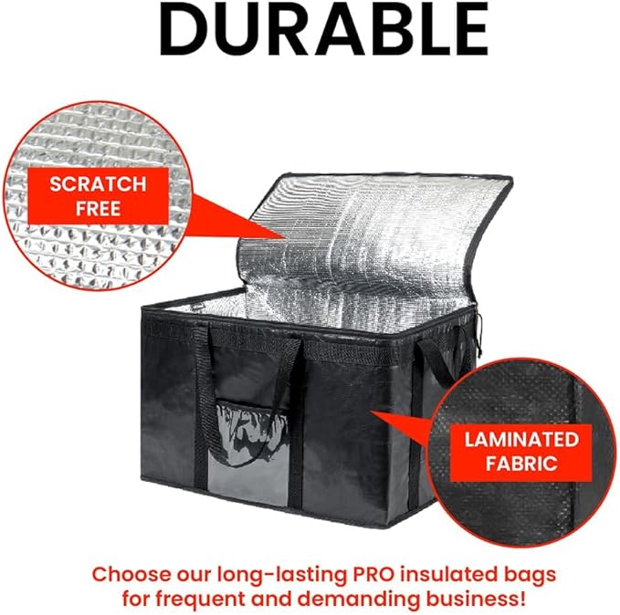 Durable PRO Insulated Cooler Bag and Food Warmer (3XL, 4 pack) for Delivery & Grocery Shopping with Zippered Top, Black Commercial Grade