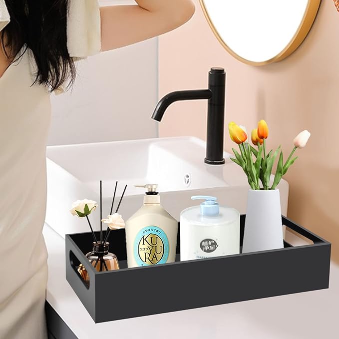 Tasybox Toilet Paper Holder with Storage, Acrylic Toilet Tank Tray, Black Bathroom Trays with Handles Vanity Tray for Home Decor