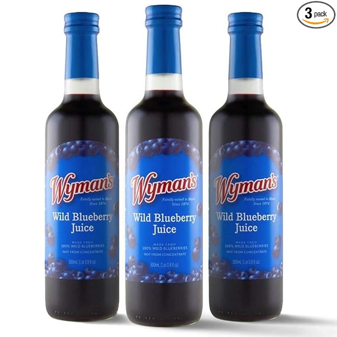Wyman's Wild Blueberry Juice, 100% Juice, No Sugar Added, Not From Concentrate, Glass Bottled, 500mL (3 Pack)