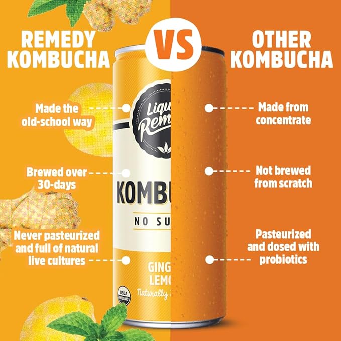 Liquid Remedy Kombucha Sugar Free Organic Drink, Low Calorie, Probiotic Like Tea for Gut Health - Fan Favorites Variety Pack - 8.5 Fl Oz Can, 24-Pack