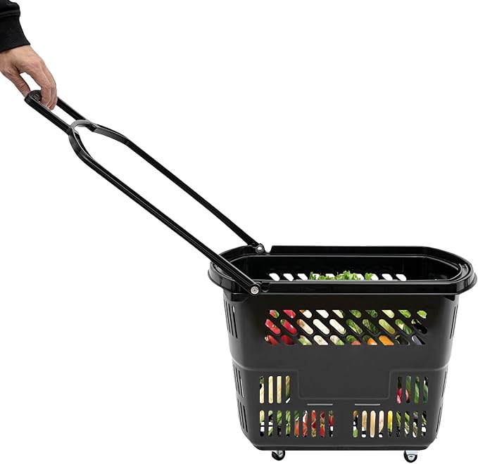 6 Pack Rolling Shopping Baskets with Wheels and Handles – Foldable PP Utility Carts for Groceries, Laundry, Supermarket, Camping – Black
