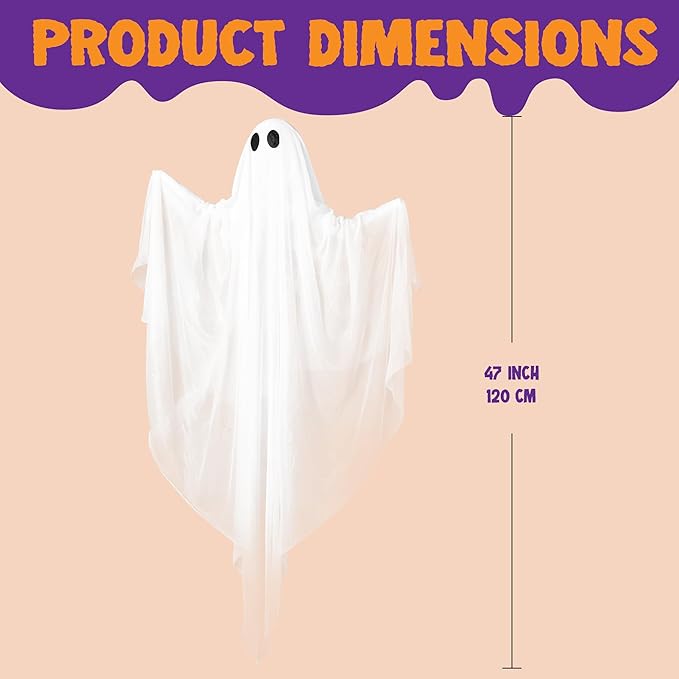 JOYIN Halloween Hanging Light up Ghost with Spooky Warm White LED Light, 47” Halloween Hanging Decoration White Ghosts for Front Yard Patio Lawn Garden Party Decor Indoor Outdoor