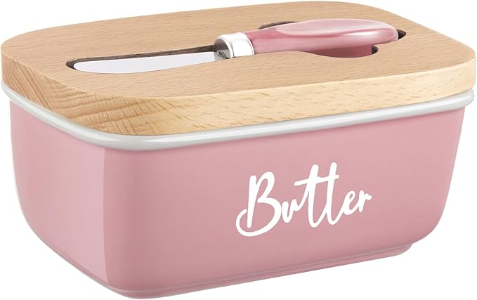 ALELION Pink Butter Dish with Lid and Knife for Countertop - Airtight Ceramic Butter Container with Thick Acacia Wood Lid for Counter - Pink Kitchen Decor and Accessories