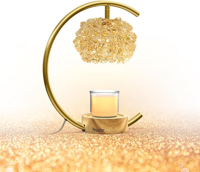 Gold Candle Warmer Lamp for Jar Candles with Adjustable Brightness＆Timer，Handcrafted Crystal＆Wooden Base, Luxurious Design,Home Decoration Electric Candle lamp(C-Shaped)