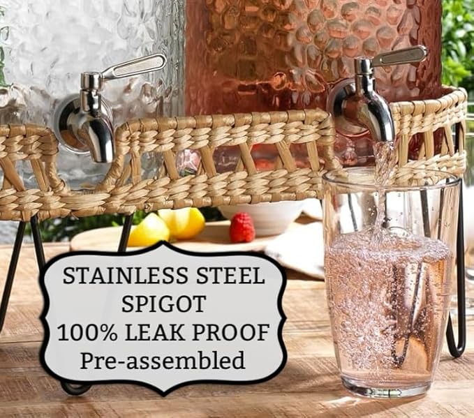 1.5 Gallon Glass Drink Dispenser for Parties 3 PACK Beverage Dispensers with Stand, Glass Water Jug Dispenser, with 18/8 Stainless Steel Spigot, Great for Party, Wedding, Picnic, BBQ Wicker Design
