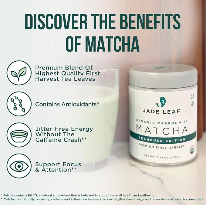 Jade Leaf Matcha Organic Ceremonial Grade Green Tea Powder - Farm Direct First Harvest - Authentic Japanese Origin (1 Pound Bulk Pouch)