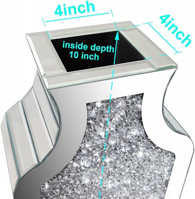 Floor Crushed Diamond Mirrored Vase 27" Tall, Crystal Silver Glass Decorative Mirror Large Size Luxury for Home Decor. Can't Hold Water.