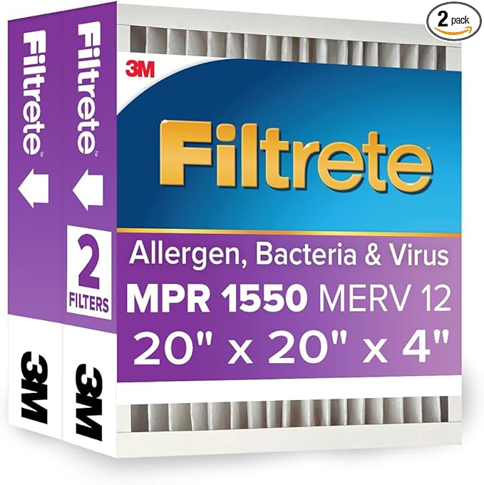 Filtrete 20x20x4 AC Furnace Air Filter, MPR 1550, MERV 12, Fits Honeywell, CERTIFIED Asthma & Allergy Friendly, Electrostatic Air Cleaning Filter, 2-Pack (Actual Size 19.88 x 19.88 x 4.31)