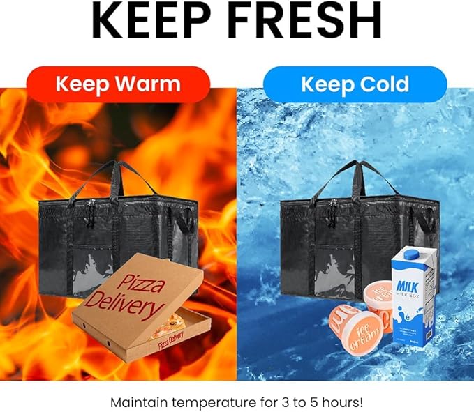 Durable PRO Insulated Cooler Bag and Food Warmer (3XL, 4 pack) for Delivery & Grocery Shopping with Zippered Top, Black Commercial Grade