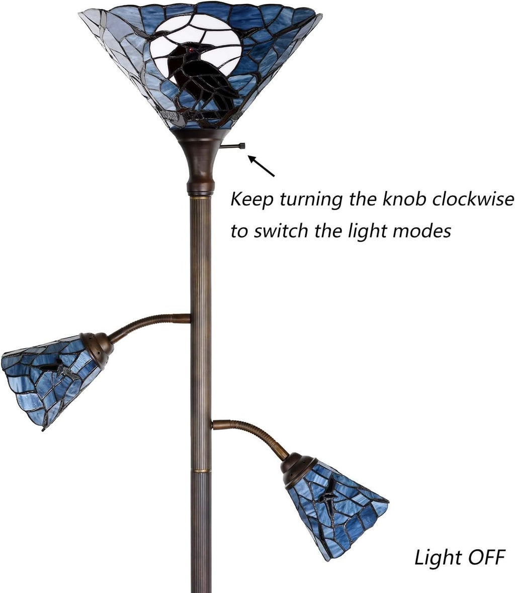 Bieye L10957 Raven Sitting on Bare Tree Branch in Full Moon Night Tiffany Style Stained Glass Torchiere Floor Lamp with Sidelights for Reading Home Decor, 70-inches Tall (Dark Blue)