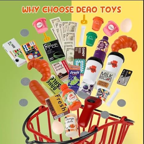 deAO Supermarket Playset for Kids with Working Scanner Register Toy Pretend Play,Kid Grocery Store Playset 54PCS Play Food Accessories,Christams Birthday Gift for 3 4 5 Kids Boys Girls