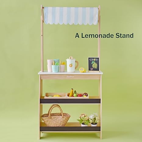 PairPear Grocery Store Pretend Play, Wooden Toys Lemonade Stand for Kids, Natural Style Market Stand Play Food Sets.