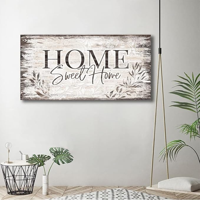 Home Sweet Home Wall Art Sign Large Dark Brown Farmhouse Wall Sign for Living Room Decoration Wooden Board Design Canvas Prints Modern Rustic Artwork Leaf Pictures Wall Decor 20" x 40"