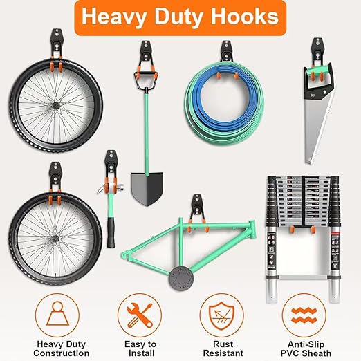 Garage Hooks Pack of 12, Garage Storage System Hooks for Hanging Ladders, Bicycles, Power Tools and More Tools