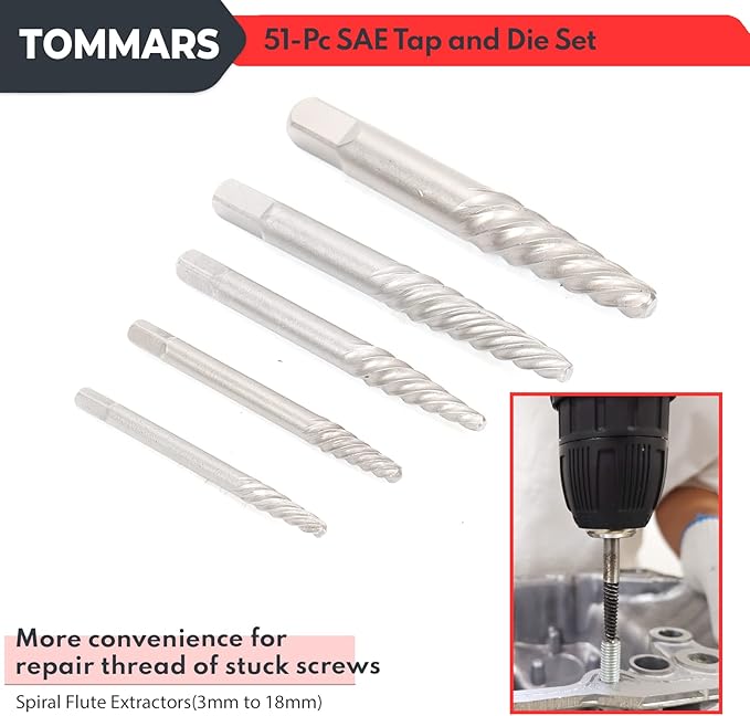 TOMMARS 51-Pc 1/4-20 to 1-14 Jumbo Tap and Die Set SAE Round Threading Dies for Threading and Rethreading Internal and External Threads