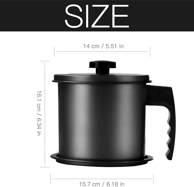 Cambom Bacon Grease Container with Fine Mesh Strainer, 1.3 L almost 6 Full Cups Iron Cooking Oil Can with Removable a Coaster Tray for Kitchen Fat Storage Black