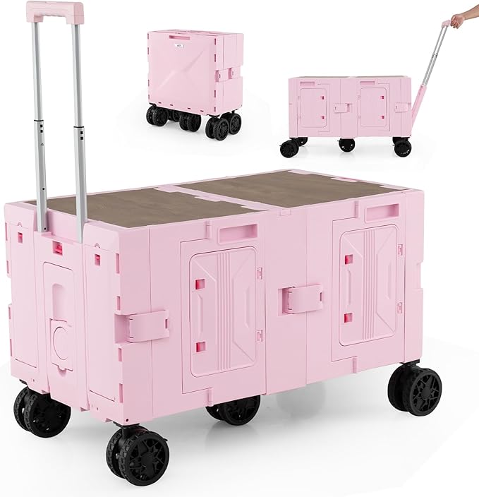 Goplus Large Foldable Utility Cart w/ 2-Tier Storage Crates, 5 Rotate Wheels, Metal Telescoping Handle, Portable Rolling Trolley Collapsible Cart for Grocery Shopping Camping & Travel (Pink)