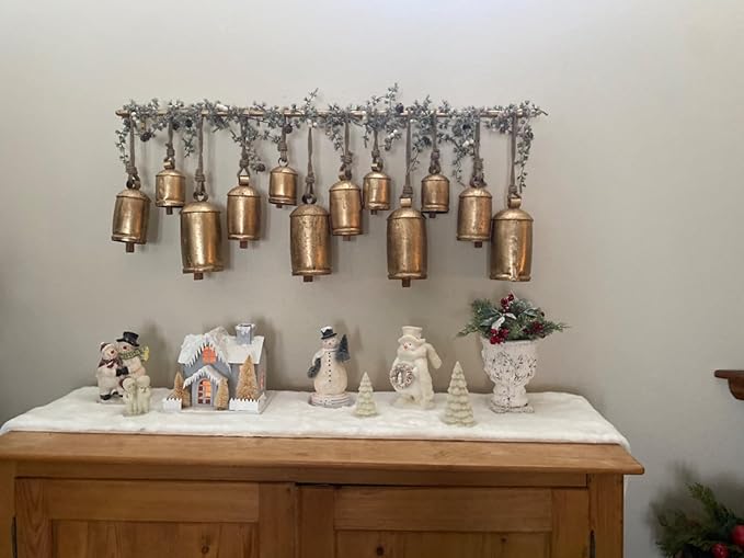 Cow Bells Giant Vintage Rustic Tin Metal Set of 12: Handmade XL Antique Brass Decor for Holidays, Swiss Souvenirs, Rustic Christmas Decor on Jute Rope