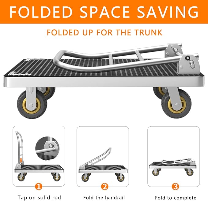 Platform Truck Cart, Foldable Push Cart Dolly Large Flatbed w/Rubber Mat and 6'' Wheels, 2200LBS Capacity Steel Heavy Duty Moving Platform Trucks Hand Cart for Groceries, Garage (41.3"x24.8")