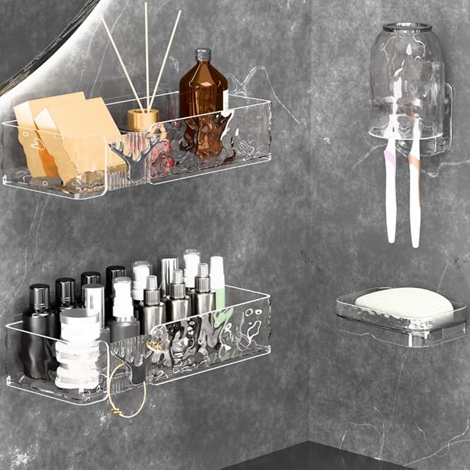 Acrylic Shower Shelves with Soap Dish & Toothbrush Holder, Clear Shower Caddy, Adhesive Bathroom Organizer Wall Mount, No Drill Installation 4 Pack
