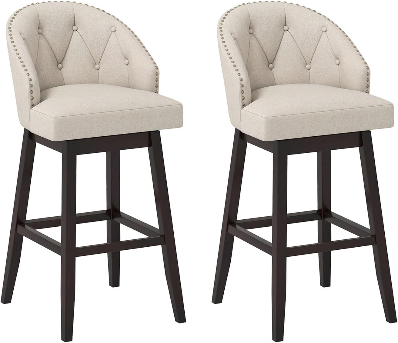 Giantex Modern Upholstered Bar Stools Set of 2, 31" Bar Height Swivel Kitchen Stools w/Button-Tufted Back, Rubber Wood Frame, Rivet Decoration, Linen Fabric Barstools for Counter Island, Cafe, Beige